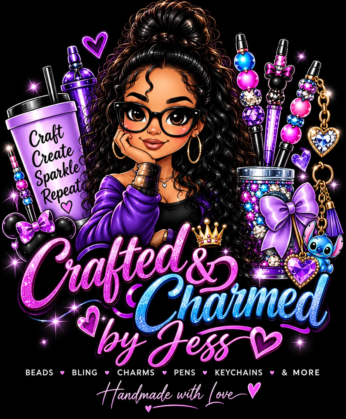 Crafted & Charmed by Jess logo with a cartoon maker, beads, pens, keychains and sparkles